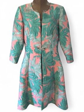 Elegant Pink & Teal Brocade Coat with Decorative Clasp